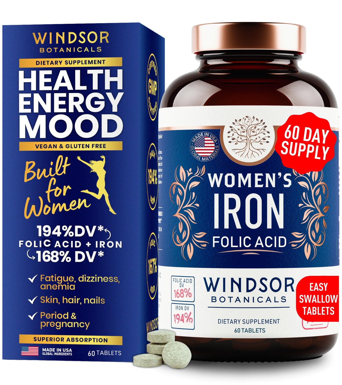 WINDSOR BOTANICALS Fer doux 35 mg – Bouteille facile pour soutien quotidien.