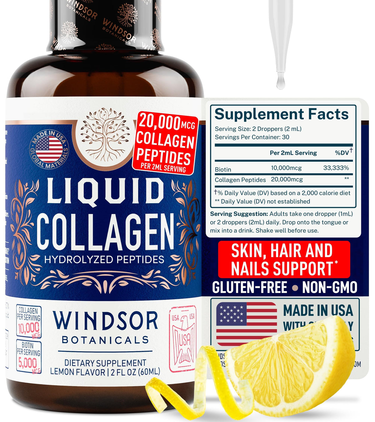 Gouttes Windsor Botanicals – collagène liquide concentré pour peau plus ferme.