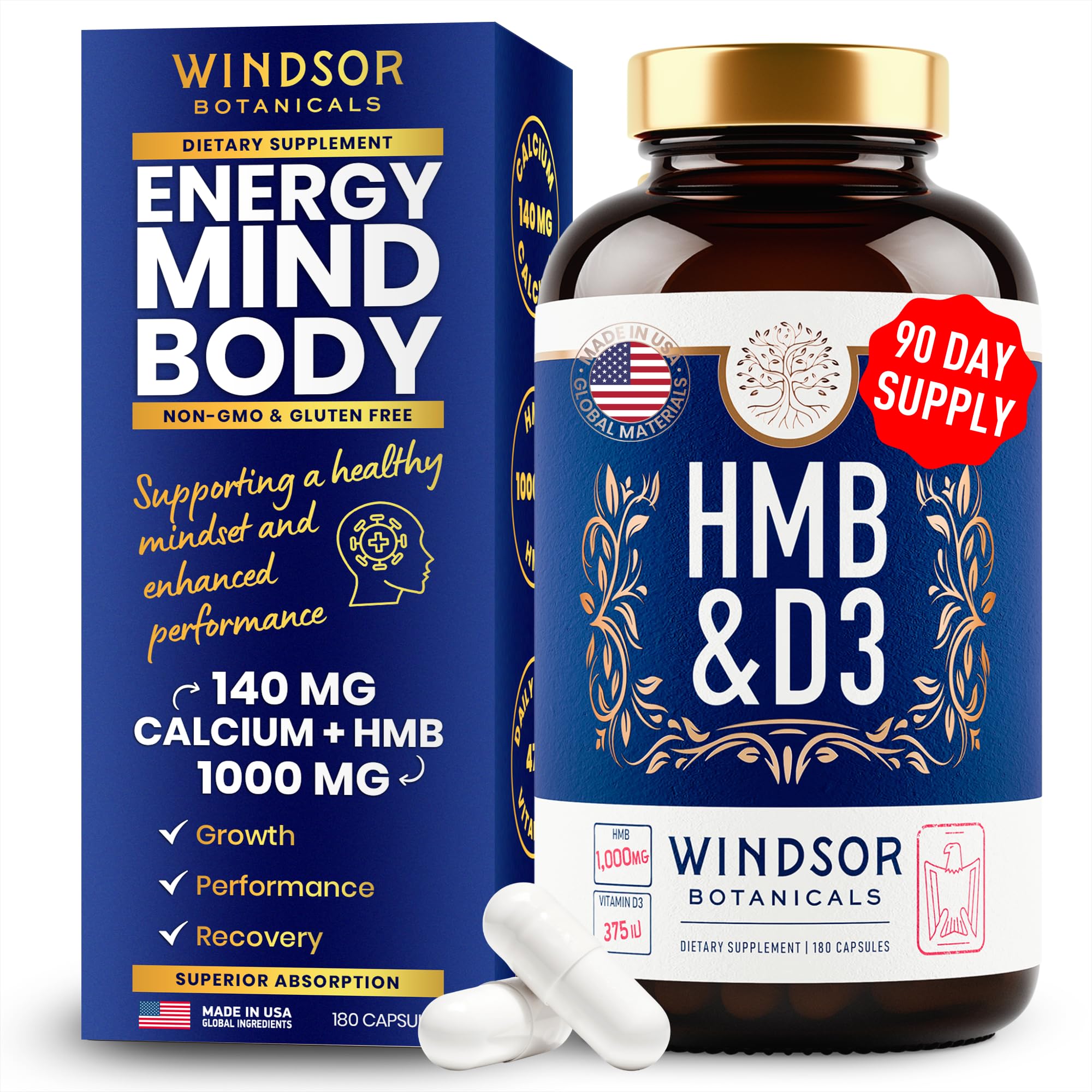 Bouteille Windsor Botanicals HMB-D3 pour soutenir la masse maigre et la récupération.