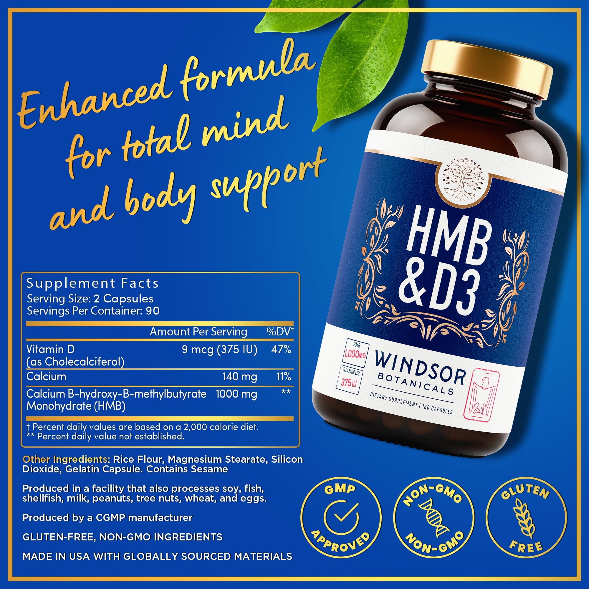 Étiquette claire Windsor Botanicals HMB-D3 avec dosage quotidien pratique.