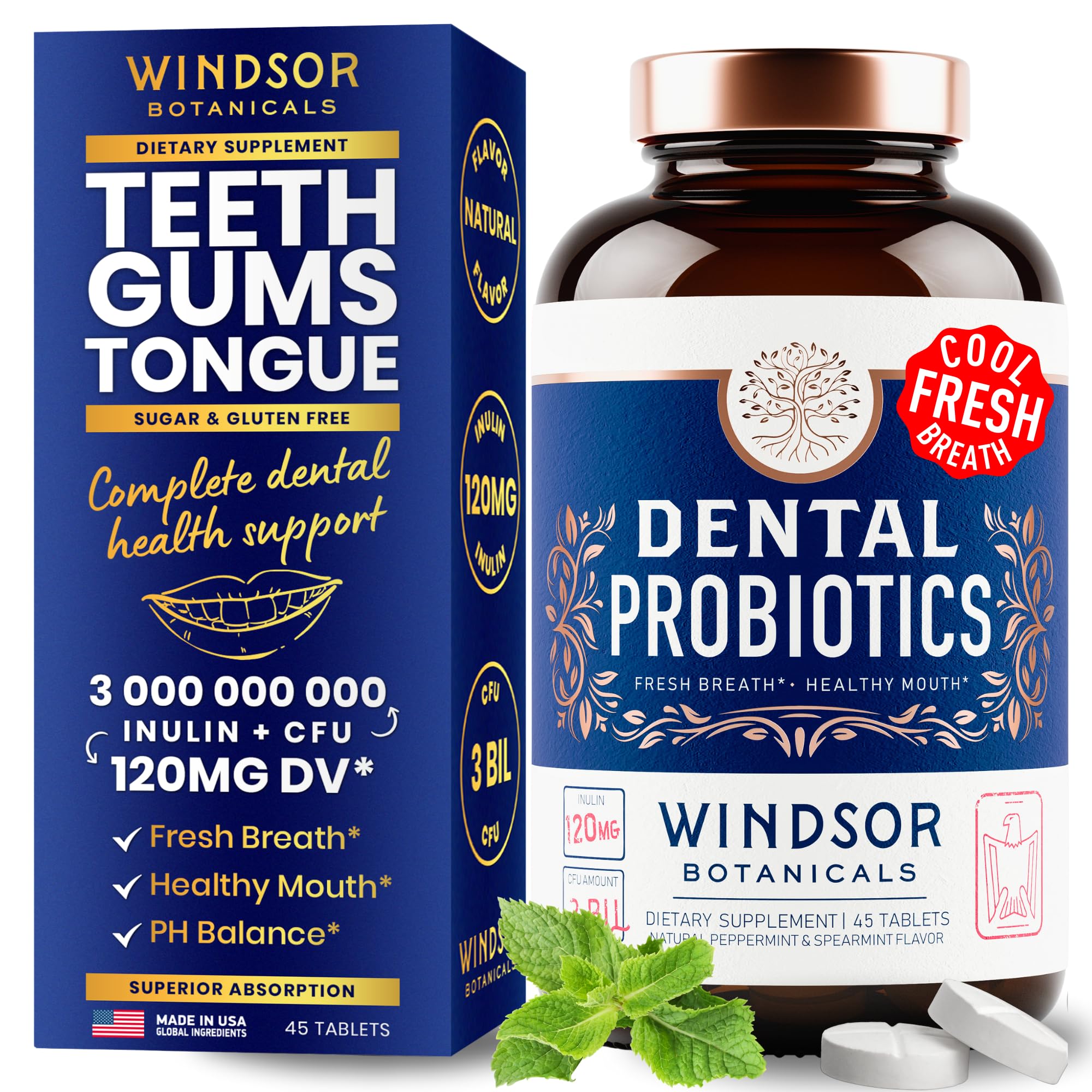 WINDSOR BOTANICALS Probiotiques dentaires menthe comprimés à mâcher haleine fraîche.