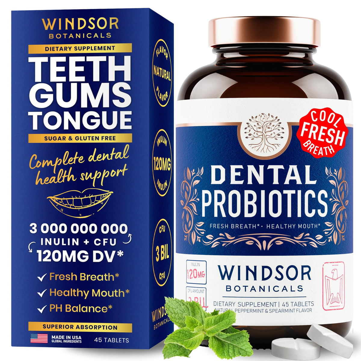 WINDSOR BOTANICALS Probiotiques dentaires menthe comprimés à mâcher haleine fraîche.