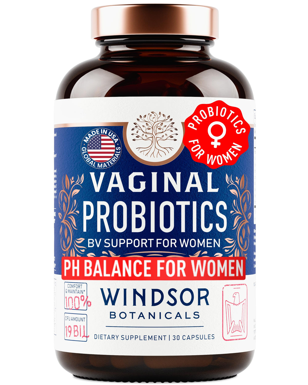 WINDSOR BOTANICALS probiotiques vaginaux, bouteille de 30 capsules, équilibre vaginal.