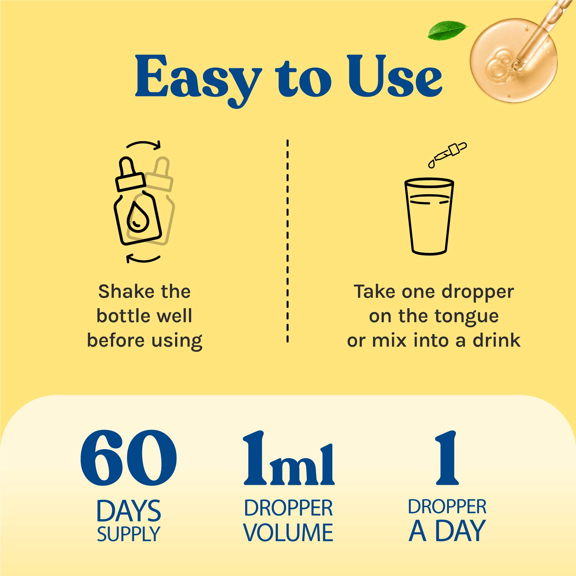 Utilisation quotidienne simple : gouttes ou boisson.