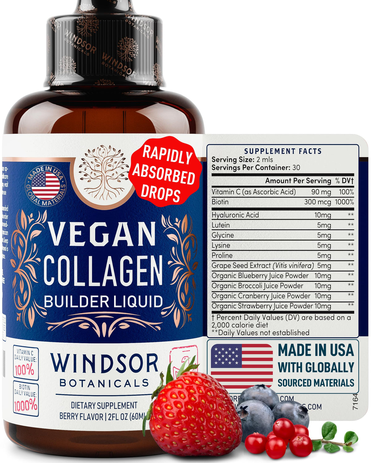Windsor Botanicals Vegan Collagen Builder Liquid, flacon 60 ml, hydratation et vitalité potentielle.