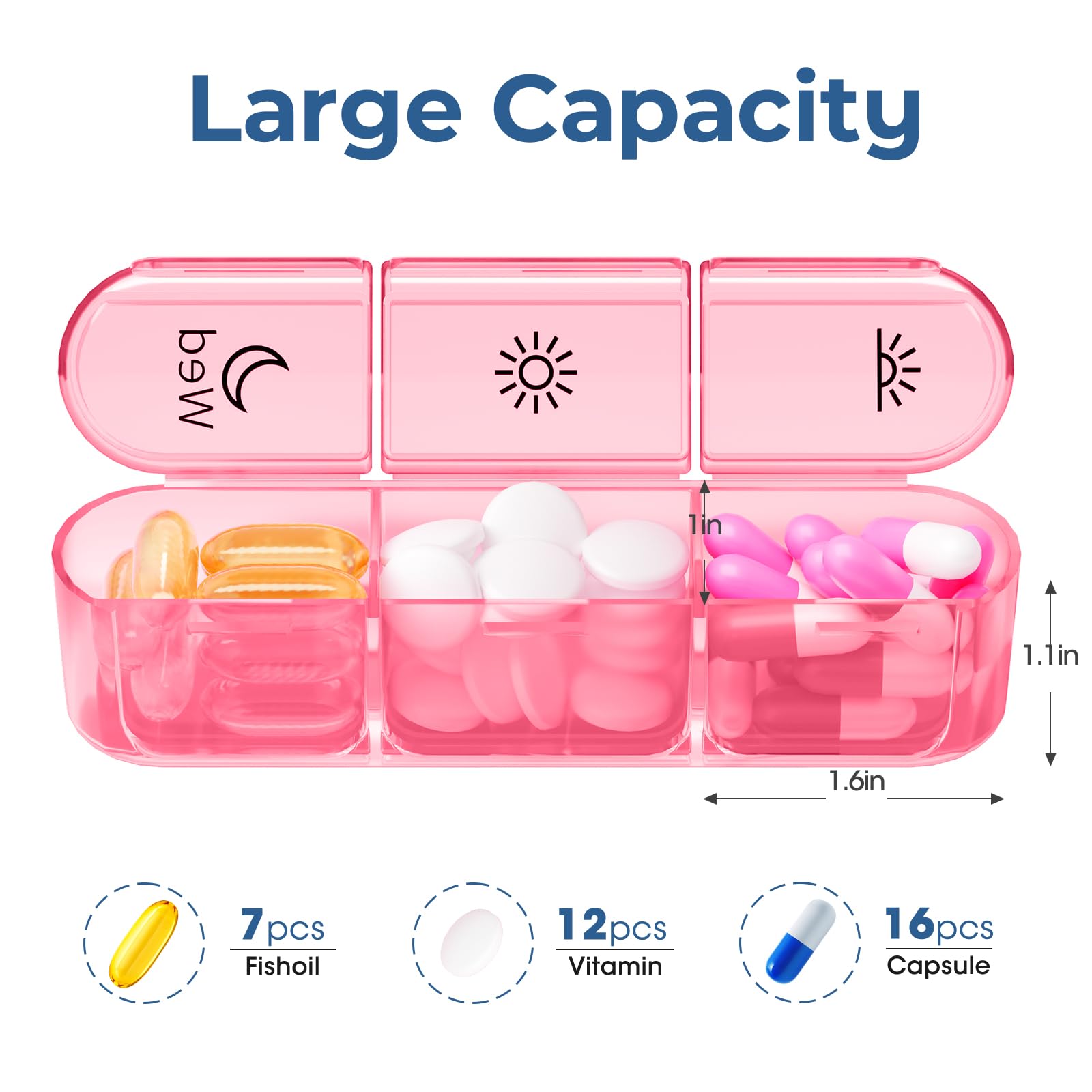 Pilulier compact 3x/jour, rangement facile dans le sac.