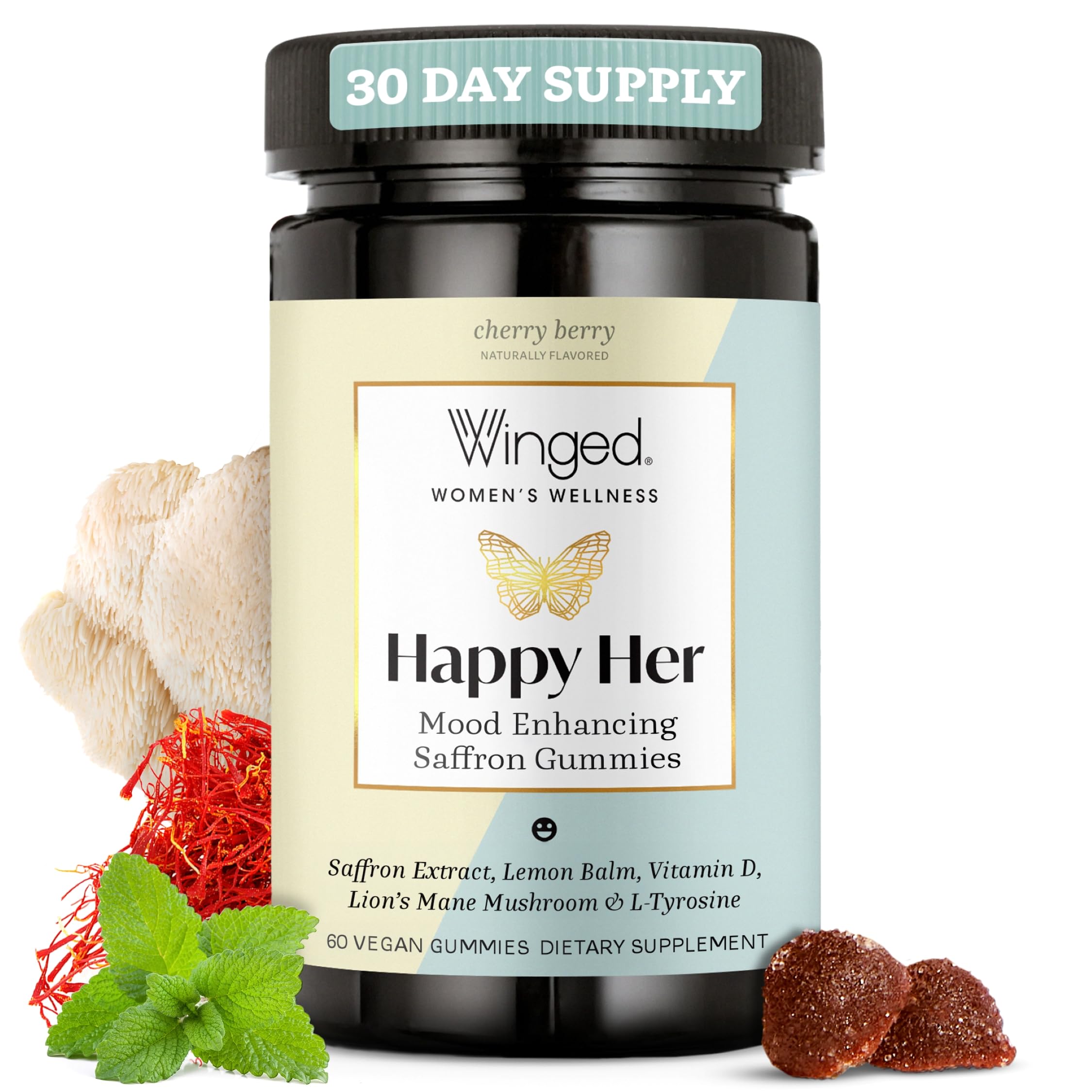 Winged Happy Her Gummies, flacon ouvert, routine d’équilibre émotionnel facilitée.