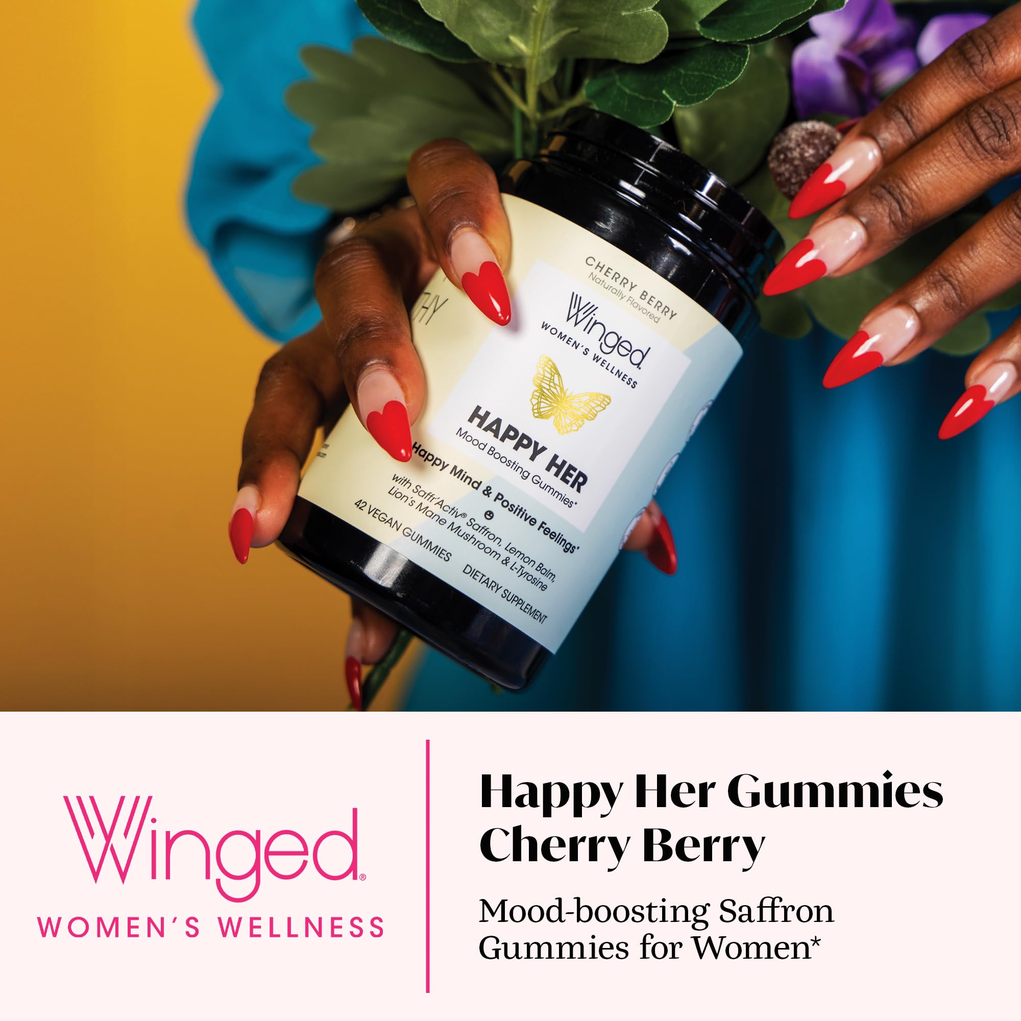 Winged Happy Her Gummies, gommes ovales, texture agréable pour l’usage quotidien.