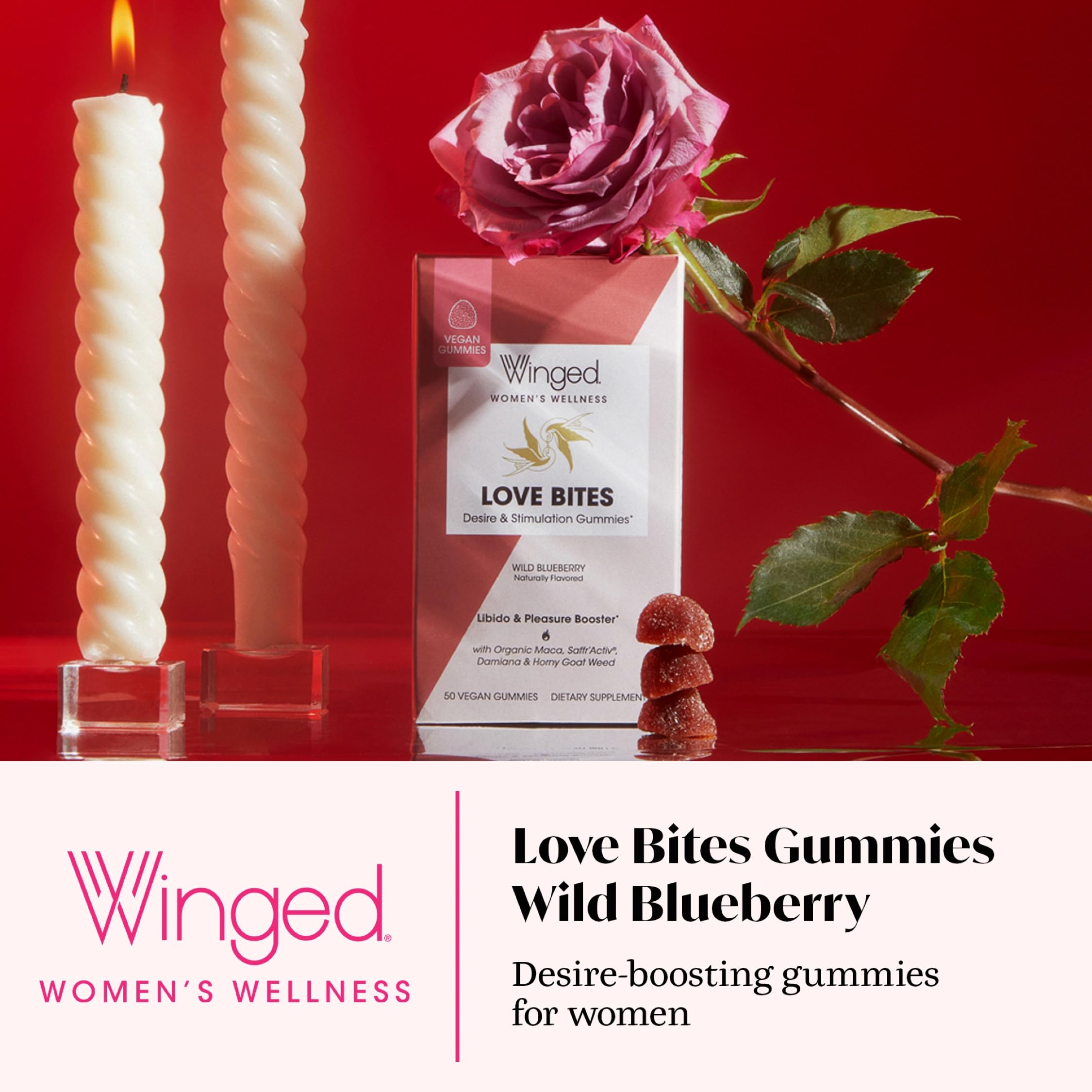 Winged Wellness Love Bites gomme racine maca, soutien énergie et humeur positive