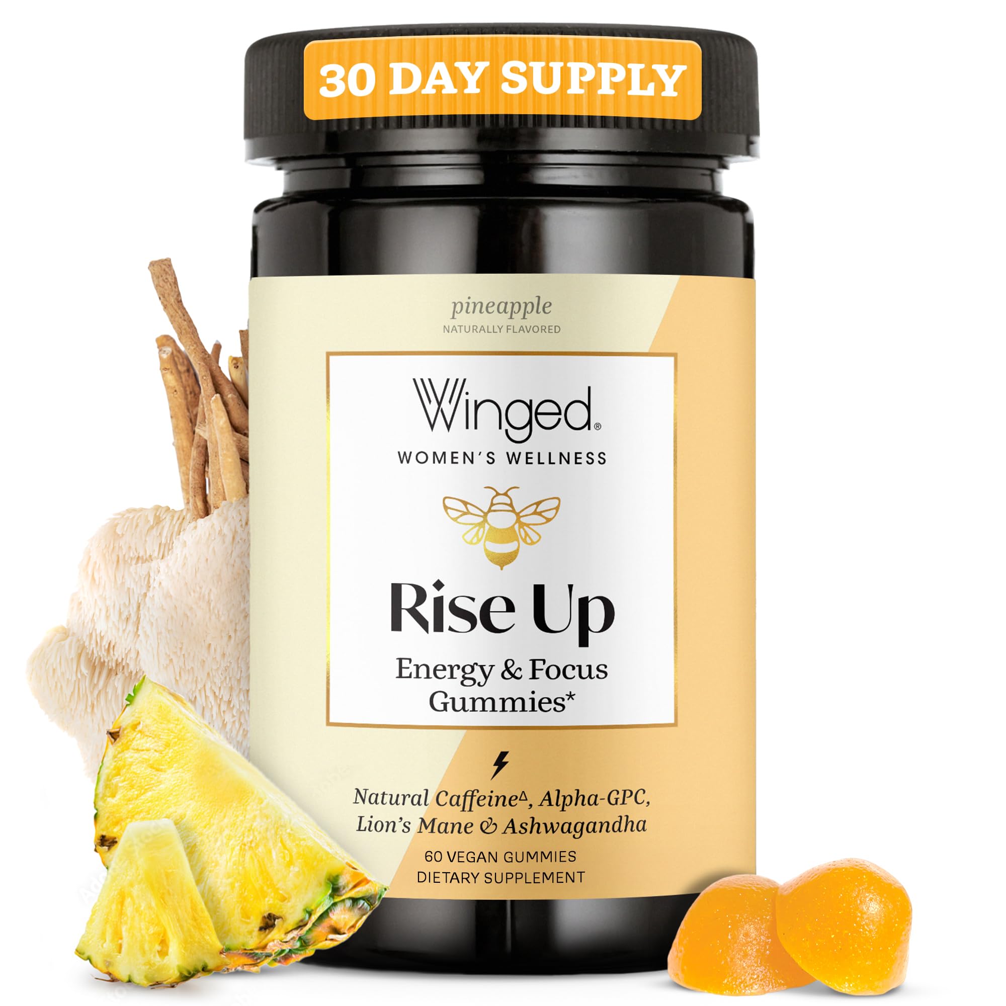 Winged Wellness Rise Up: emballage de la boîte mettant en valeur les gommes à l’ananas.