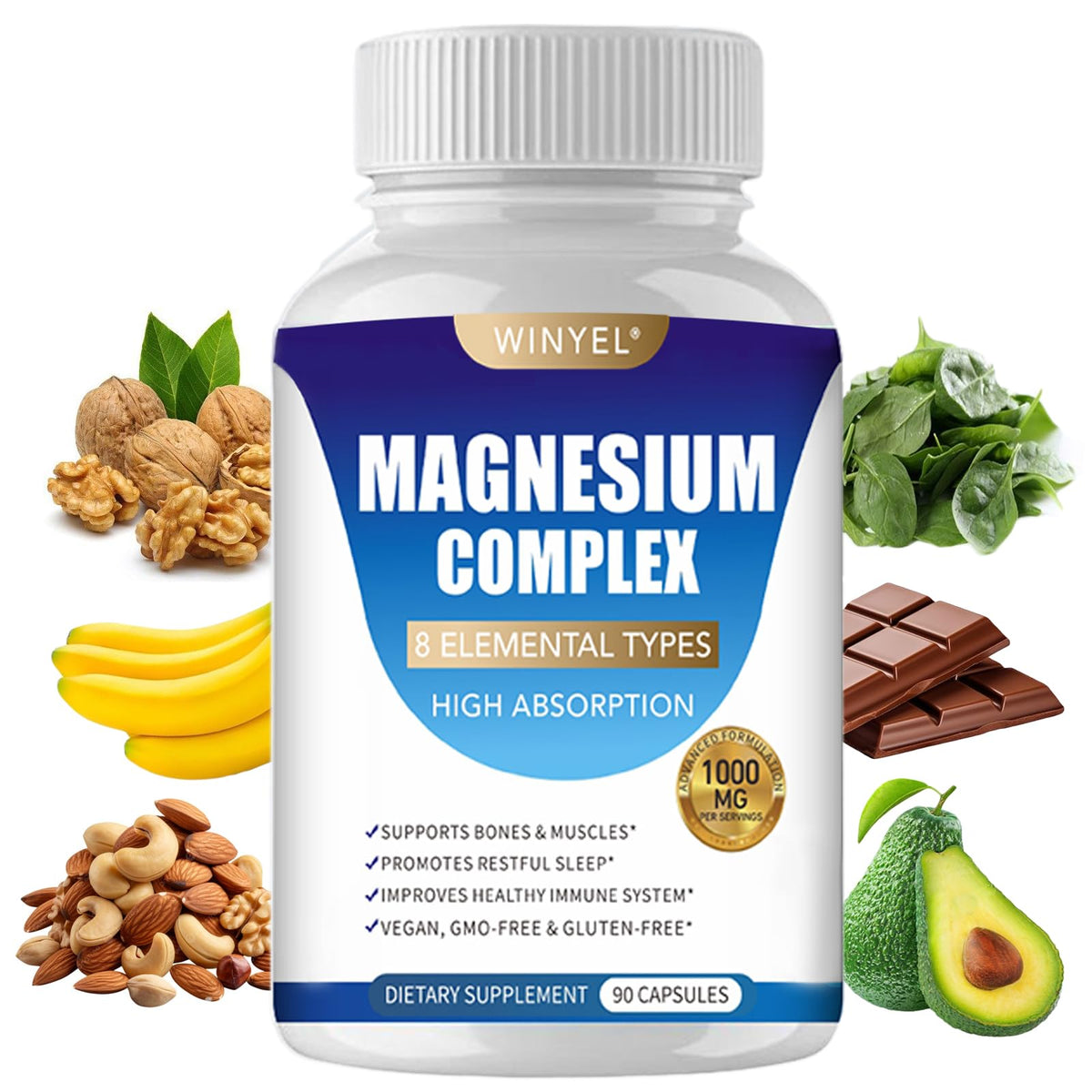 WINYEL Magnésium 8 chelates – Bouteille haute biodisponibilité