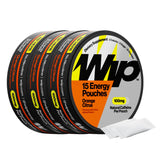 Sachets Wip Energy Orange-Citron dans l’emballage, énergie rapide au travail.