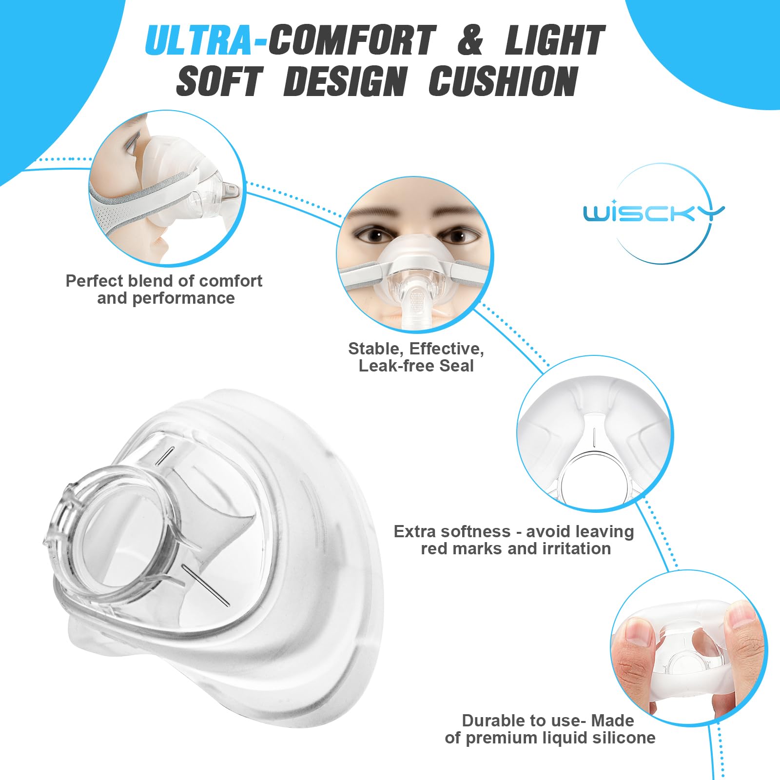 Wiscky AirFit N20 coussin en silicone liquide, douceur et adaptabilité pour un ajustement sûr.