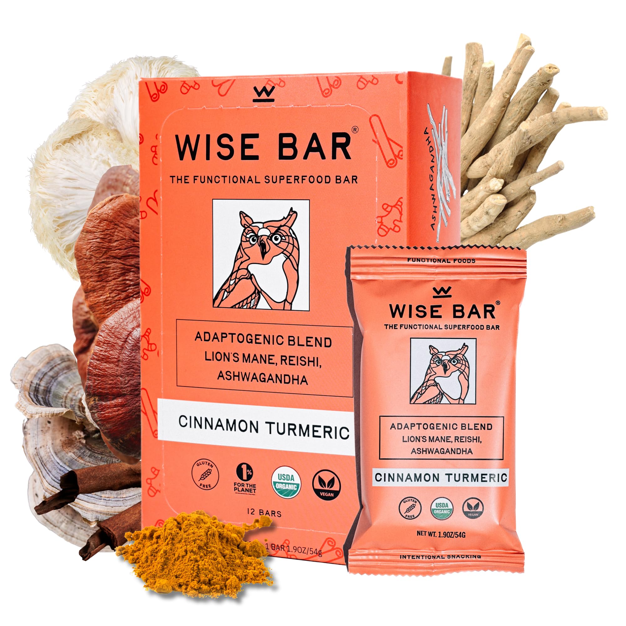 WISE BAR barre adaptogène avec reishi et Lion’s Mane pour concentration potentielle.