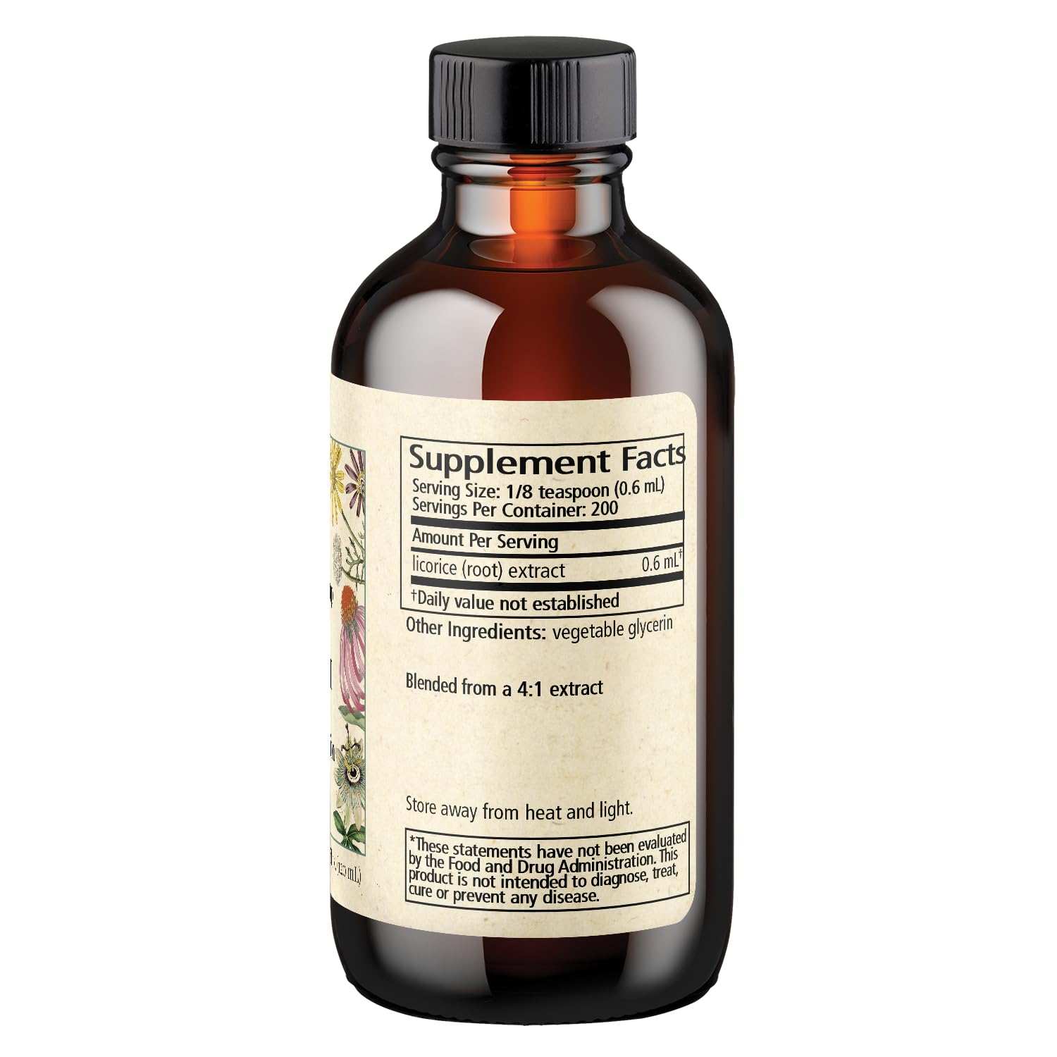 Wise Woman Herbals Sirop Réglisse étiquette, ingrédients naturels et sans alcool.