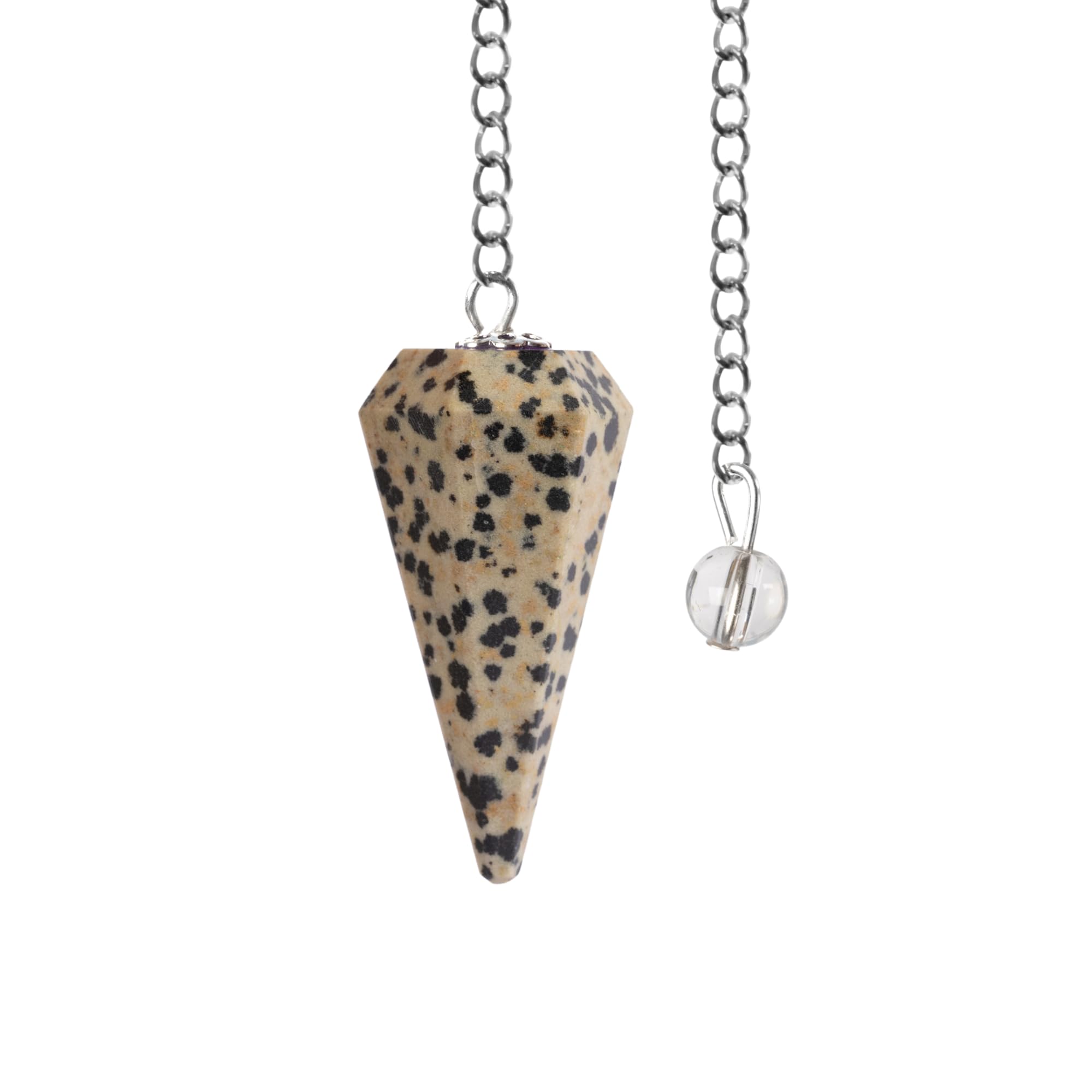 Wish Well pendule jaspe dalmatien avec boule cristal sur chaîne pour méditation et énergie.