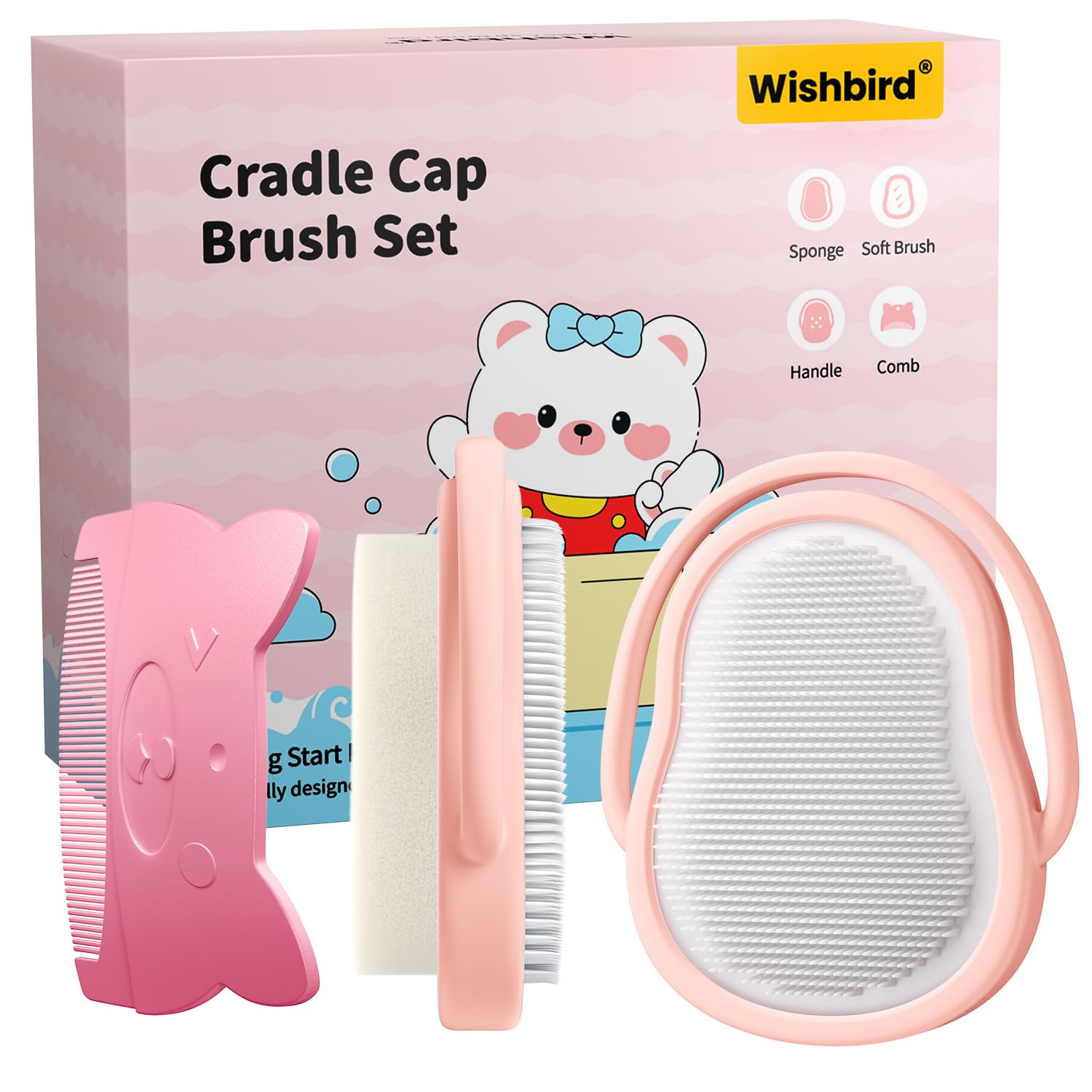 Brosse douce Wishbird en silicone pour détacher les pellicules du cuir chevelu.