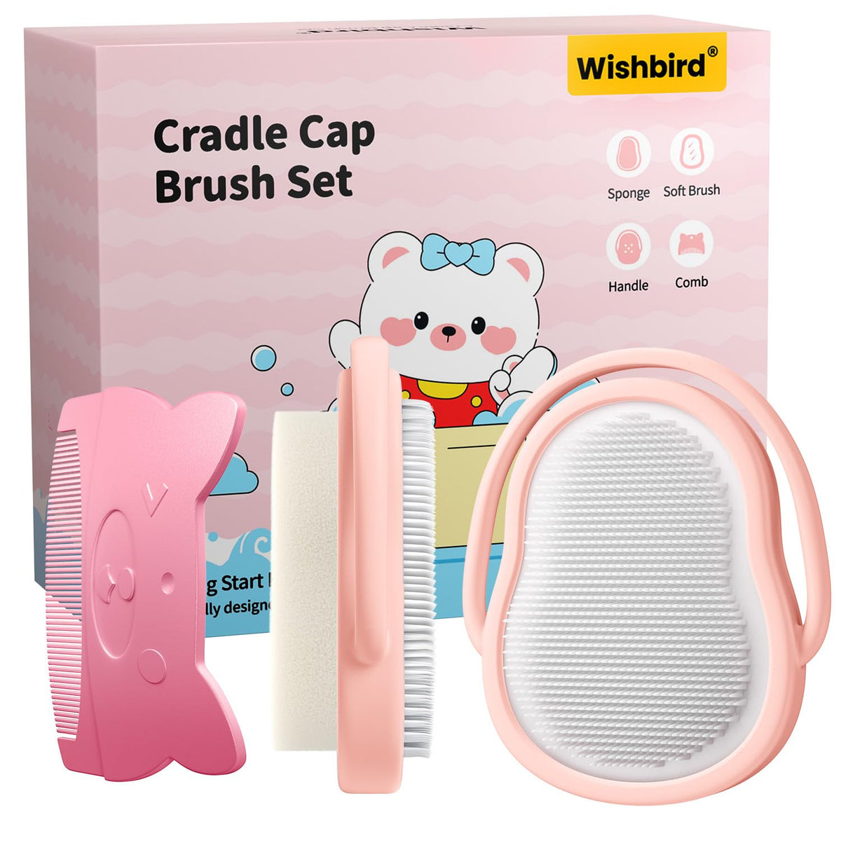 Brosse douce Wishbird en silicone pour détacher les pellicules du cuir chevelu.