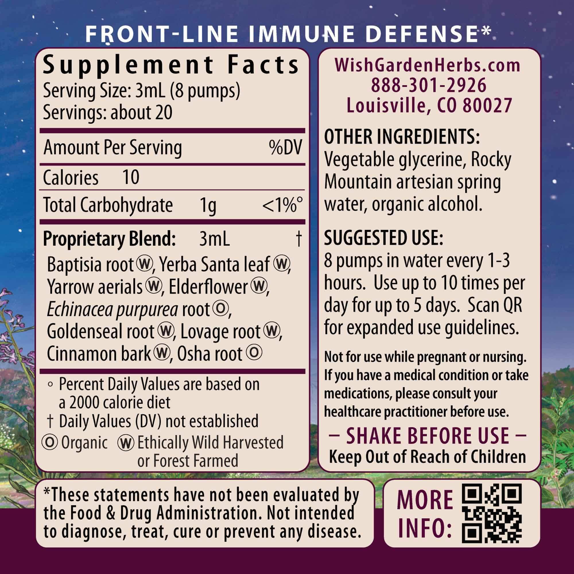 Étiquette du produit WishGarden Kick-Ass Immune Activator avec ingrédients biologiques et véganes.