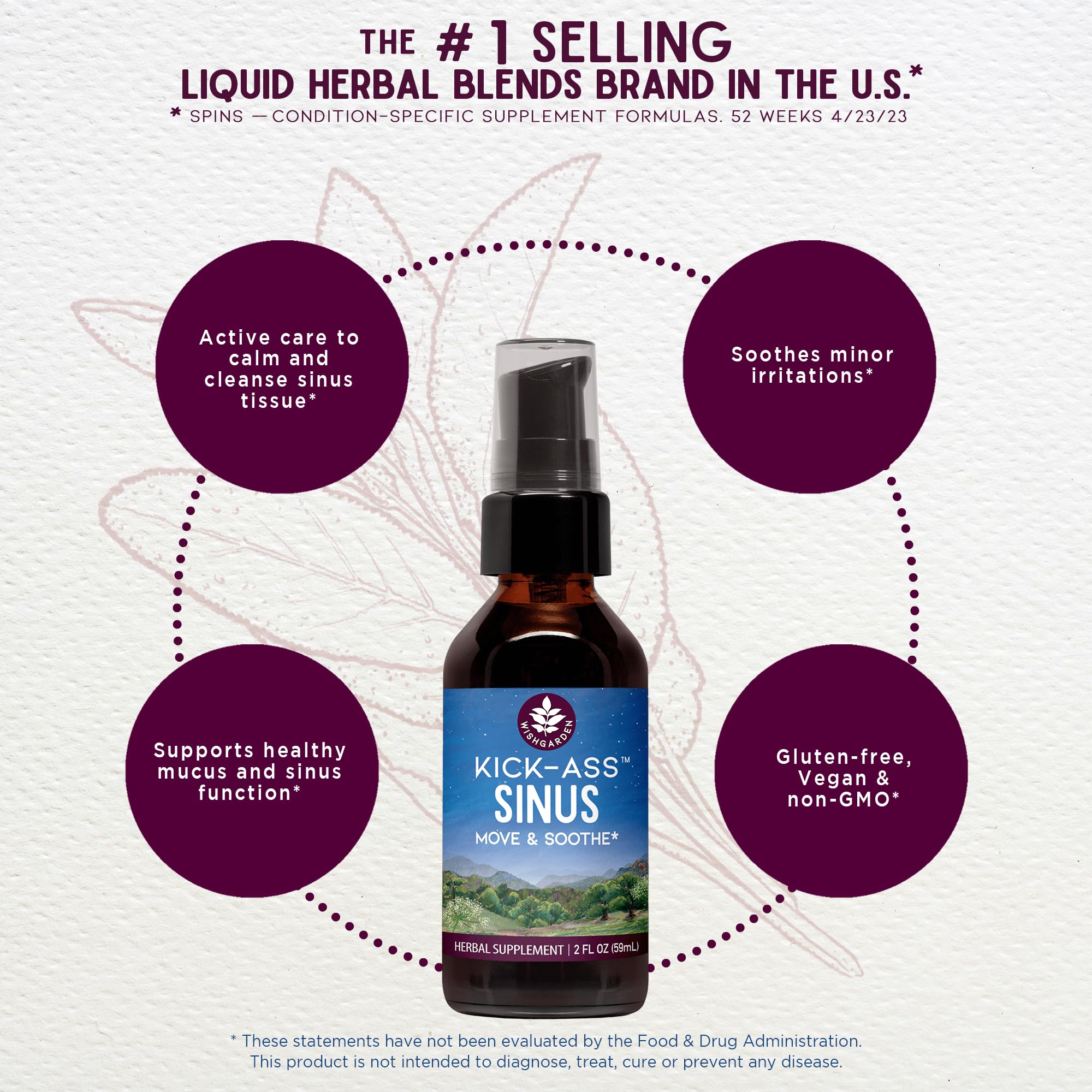 WishGarden Kick-Ass Sinus – étiquette du produit mettant en avant ingrédients naturels.