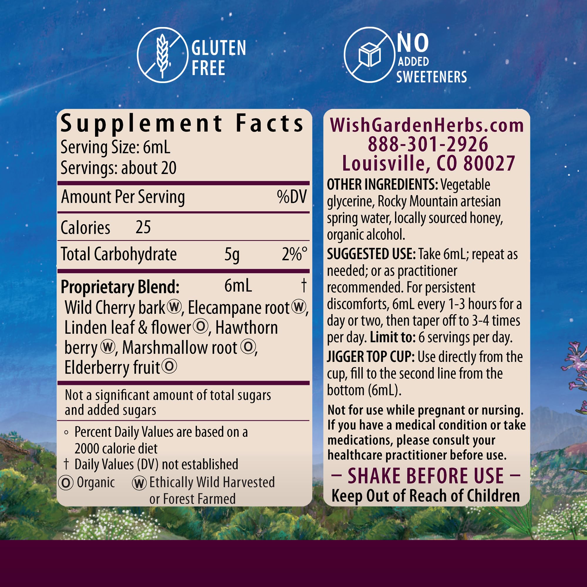 WishGarden Serious Cough AM — étiquette mettant en avant sa formule naturelle et sans somnolence