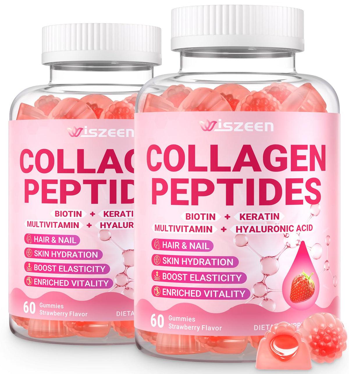 Wiszeen Gommes Collagène – bouteille élégante facilitant la routine beauté quotidienne.