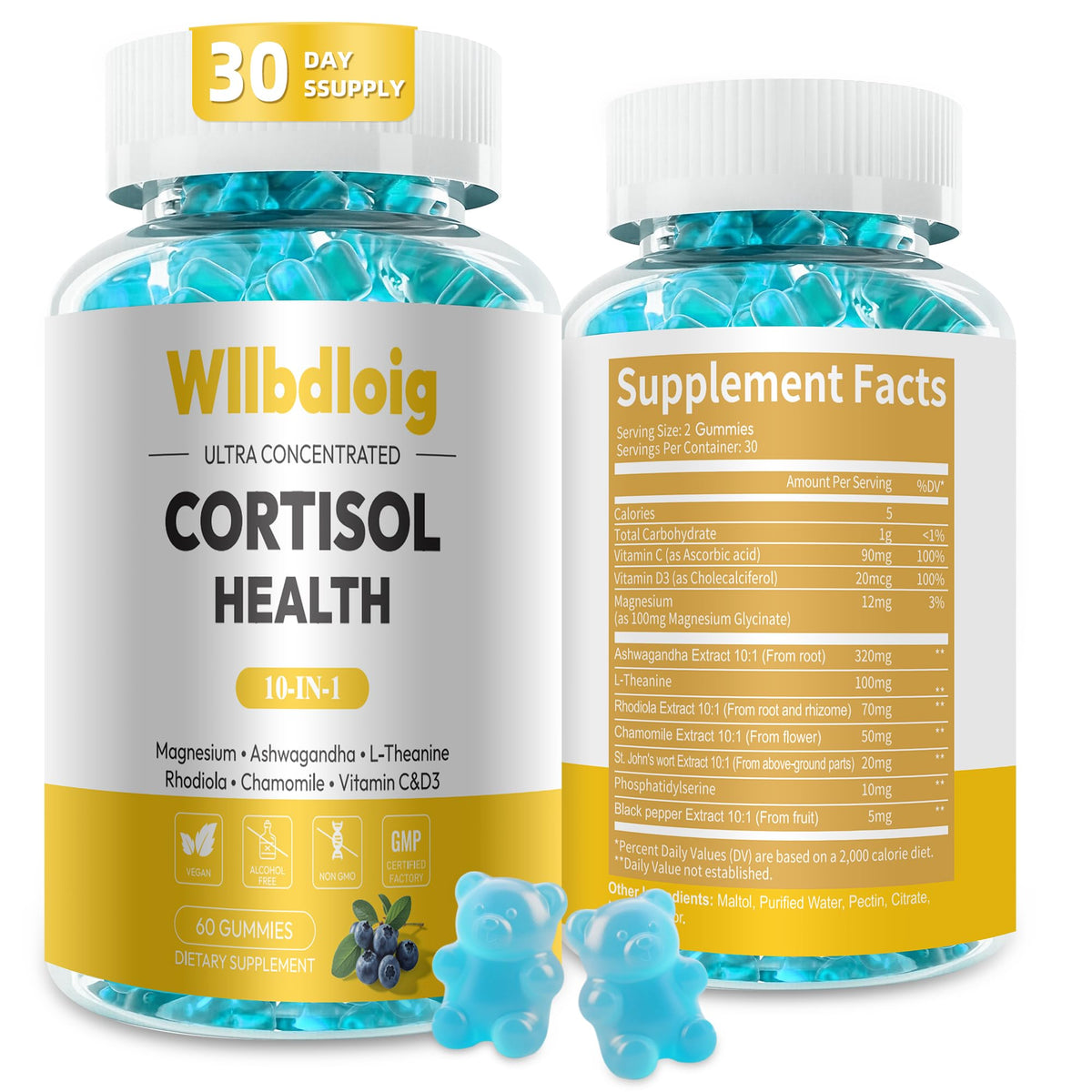 Gommes Cortisol Wllbdloig — bouteille pratique pour usage quotidien et bien-être.