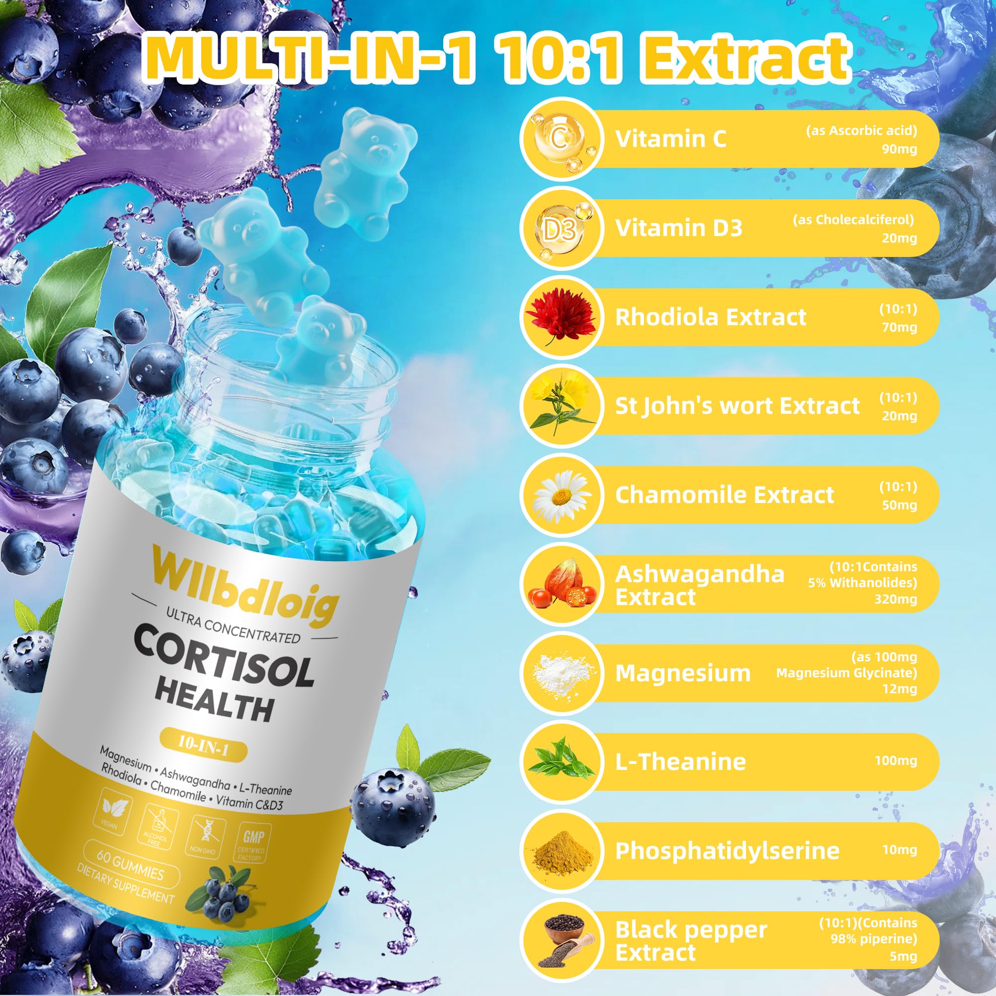 Gommes Cortisol Wllbdloig — Millepertuis, soutien adaptogène naturel.