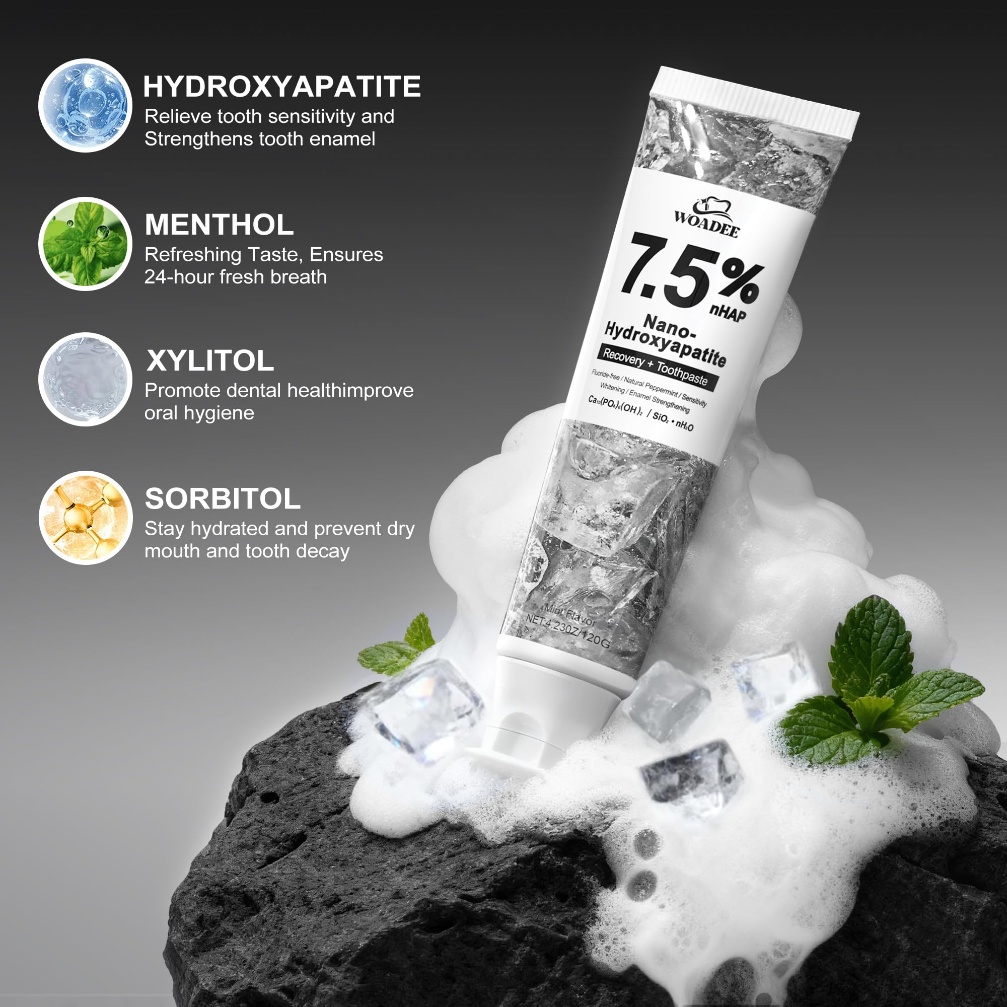 Sensibilité apaisée Woadee, utilisation régulière sur brosse et dents.