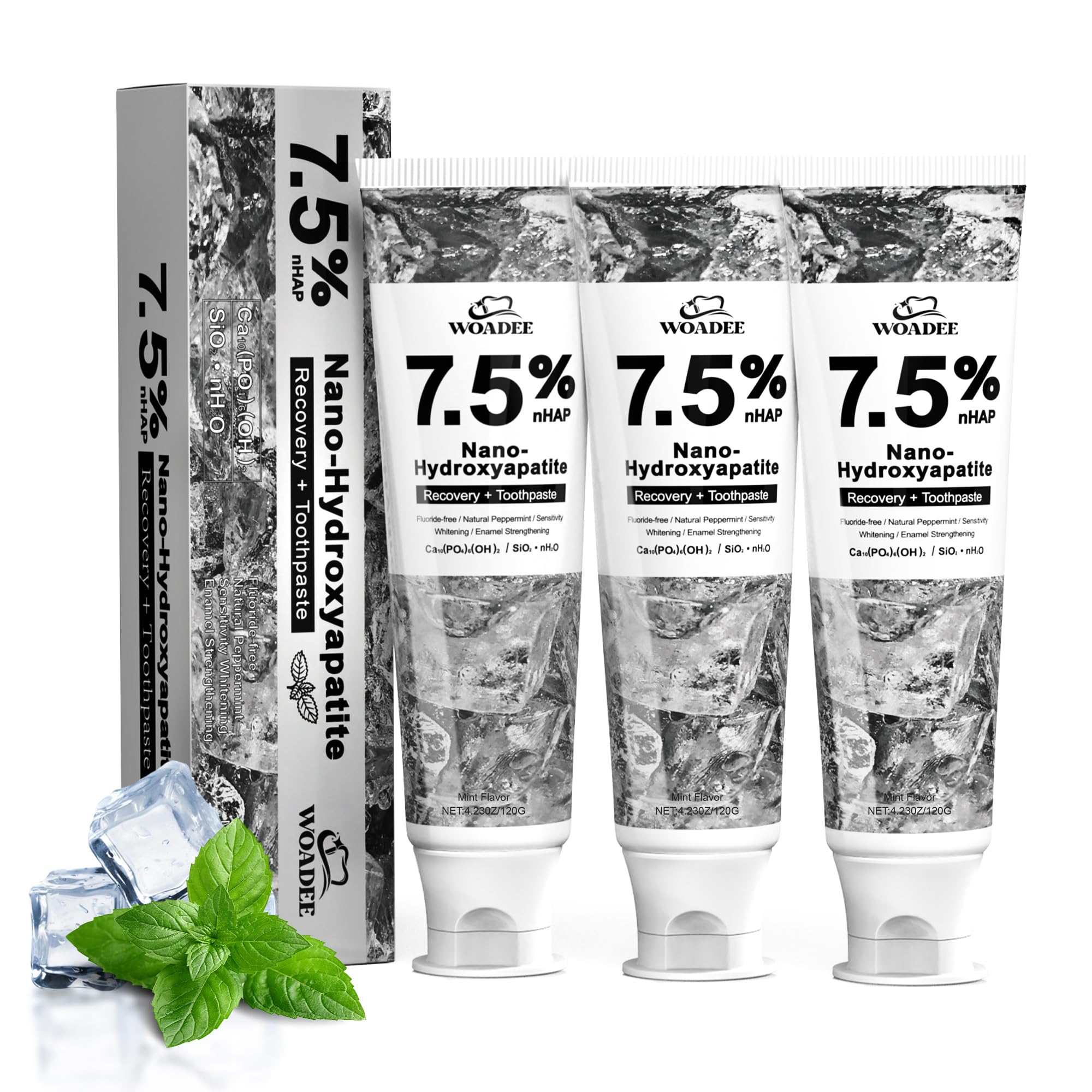 Woadee Hydroxyapatite dentifrice, protection émail — tube montrant le packaging élégant.