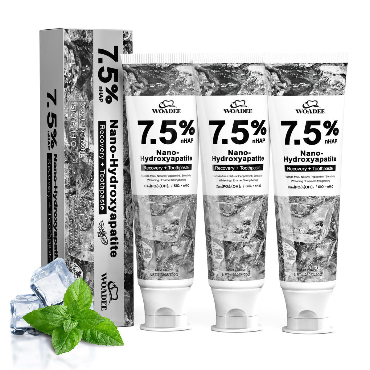 Woadee Hydroxyapatite dentifrice, protection émail — tube montrant le packaging élégant.