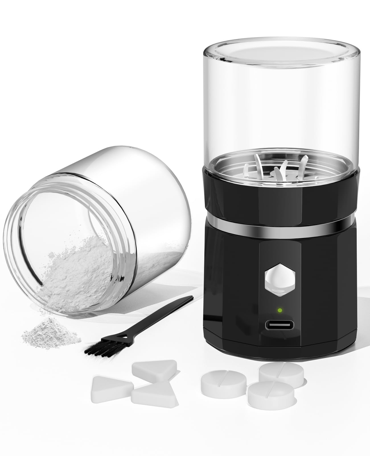 Concasseur de pilules WODVALT noir avec capot en verre transparent pour contrôle visuel du broyage.