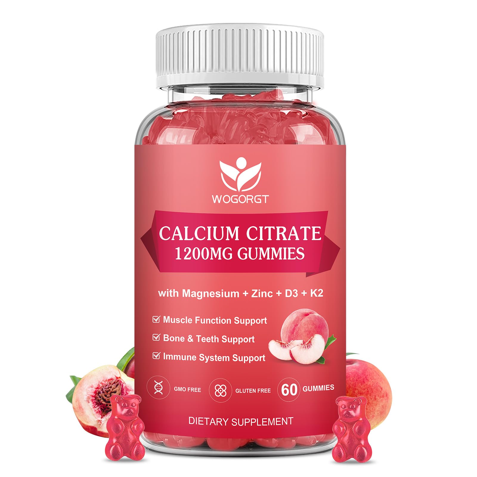 Gommes WOGORGT Calcium Citrate 1200 mg en bouteille, soutien potentiel des os et dents
