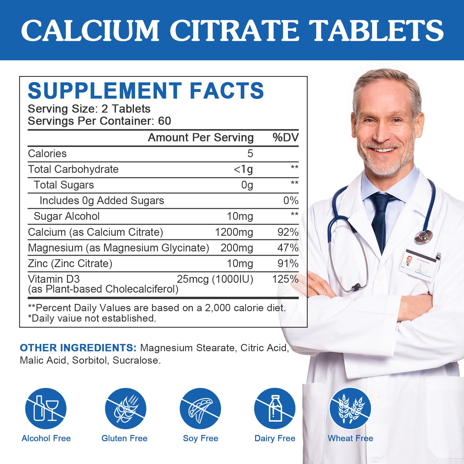 WOGORGT Calcium Citrate 1200mg – tablettes rondes faciles à avaler