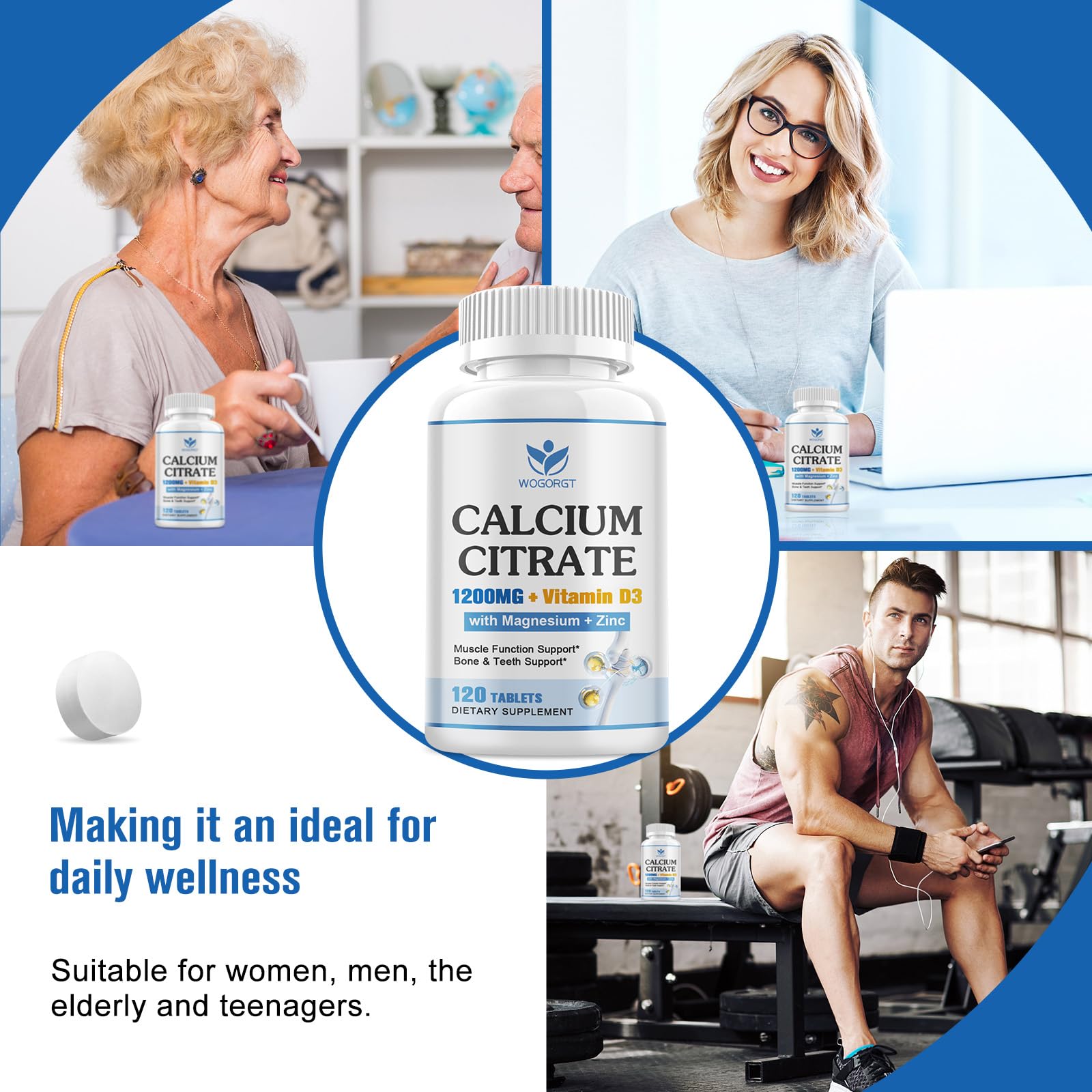 WOGORGT Calcium Citrate 1200mg – vegan sans gélatine et sans sucre