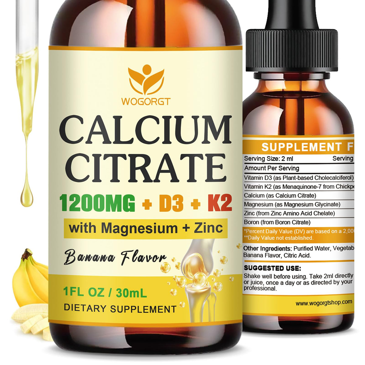 WOGORGT Calcium Citrate flacon banane pour une absorption facilitée.