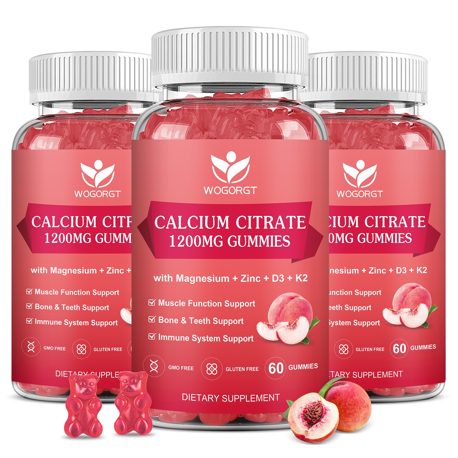 Gommes WOGORGT calcium citrate 1200 mg saveur pêche, meilleure assimilation des minéraux.