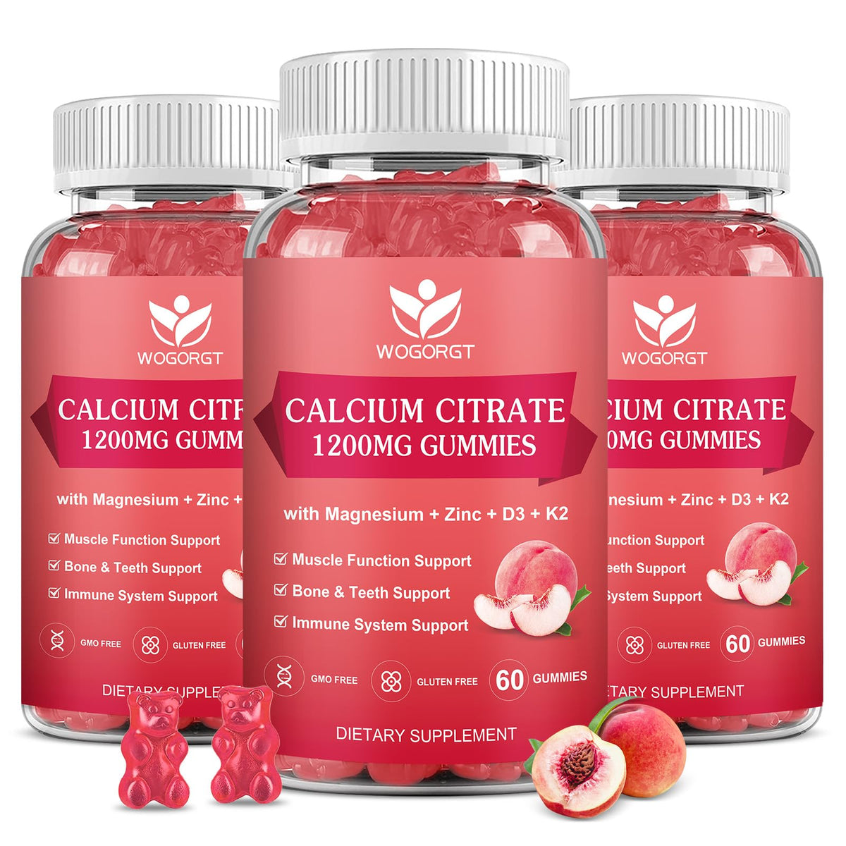 Gommes WOGORGT calcium citrate 1200 mg saveur pêche, meilleure assimilation des minéraux.
