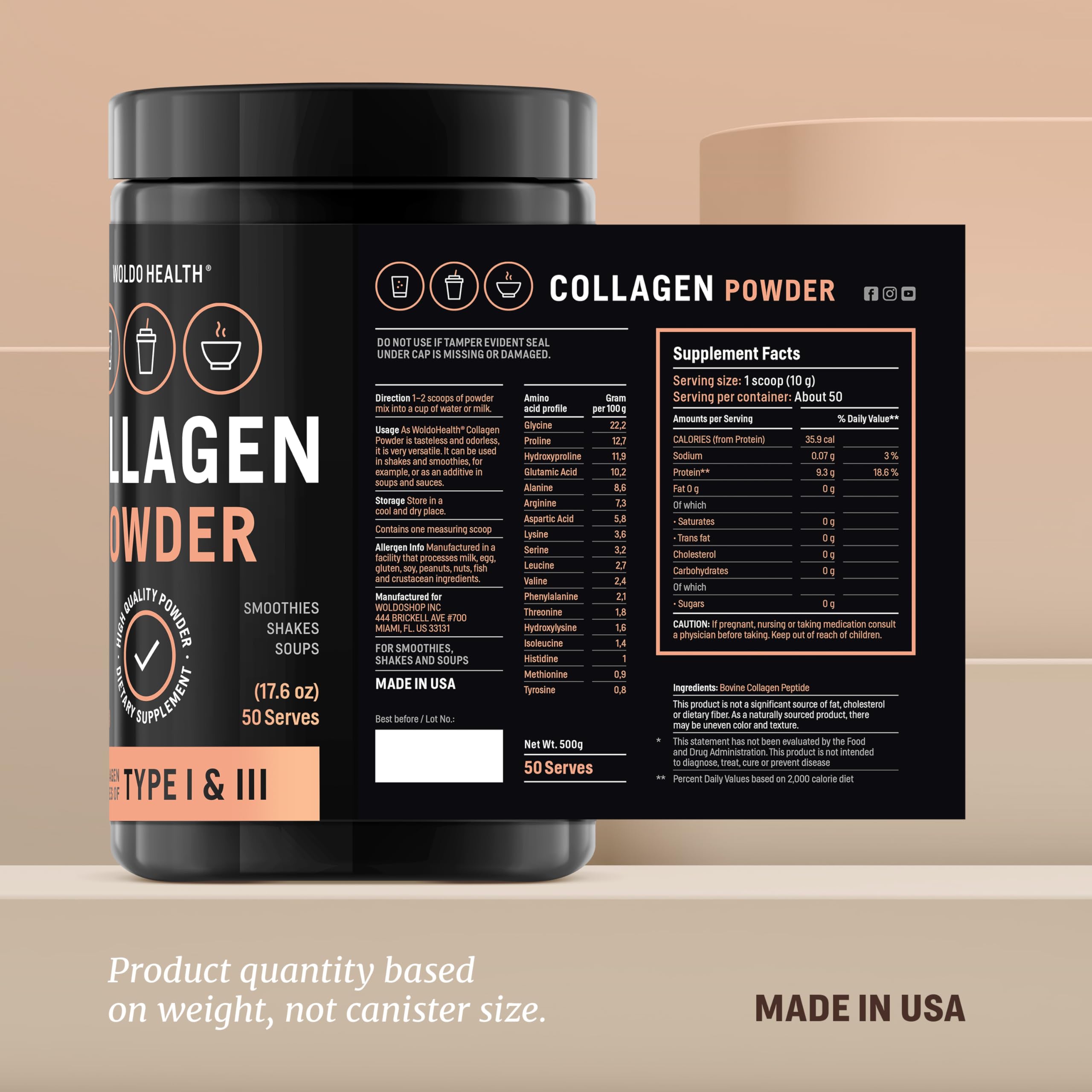WoldoHealth Collagen Peptides emballage compact et pratique.