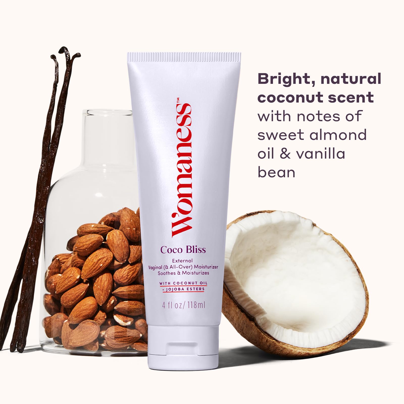 Tube recyclable Womaness Coco Bliss, emballage PCR à 50% respecte l’environnement.