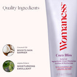 Texture fondante de Womaness Coco Bliss hydrate sans sensation grasse.