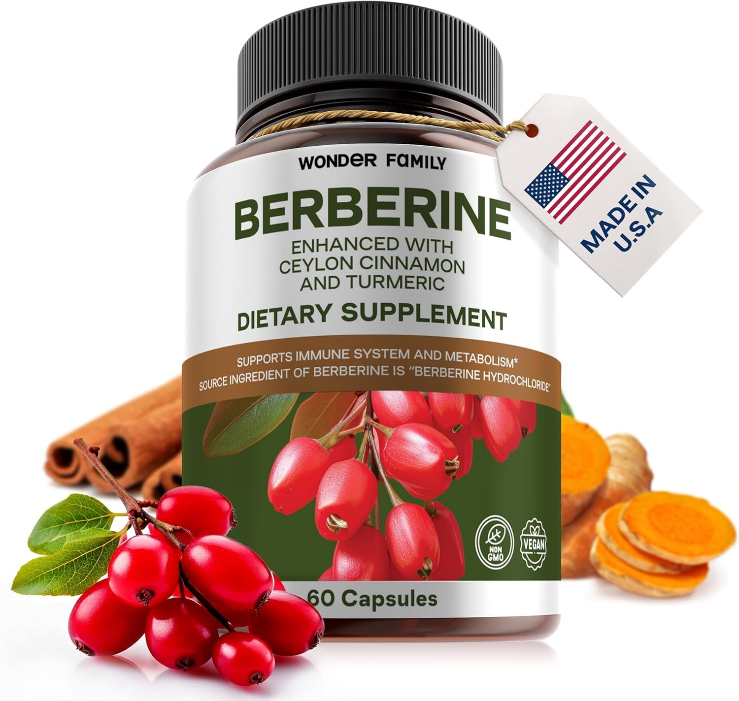 Wonder Family Berberine 500mg en capsules, flacon pratique pour usage quotidien.