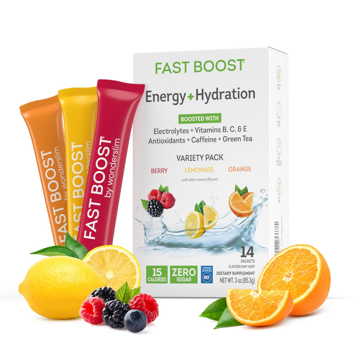 WonderSlim FAST BOOST emballage, source pratique d'hydratation et d'énergie en déplacement.