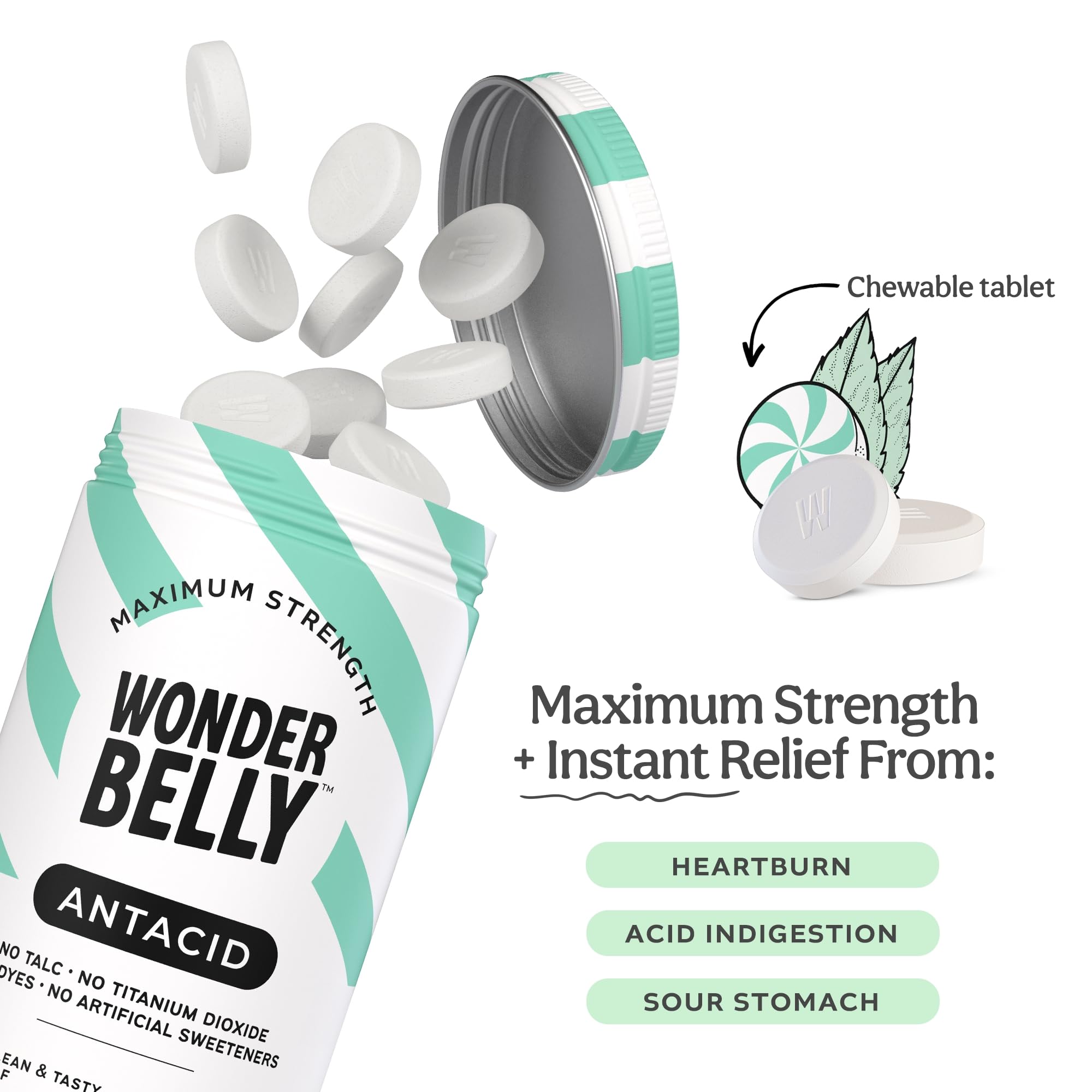 Wonderbelly antiacide: boîte de comprimés menthe douce, pratique à emporter pour indigestion