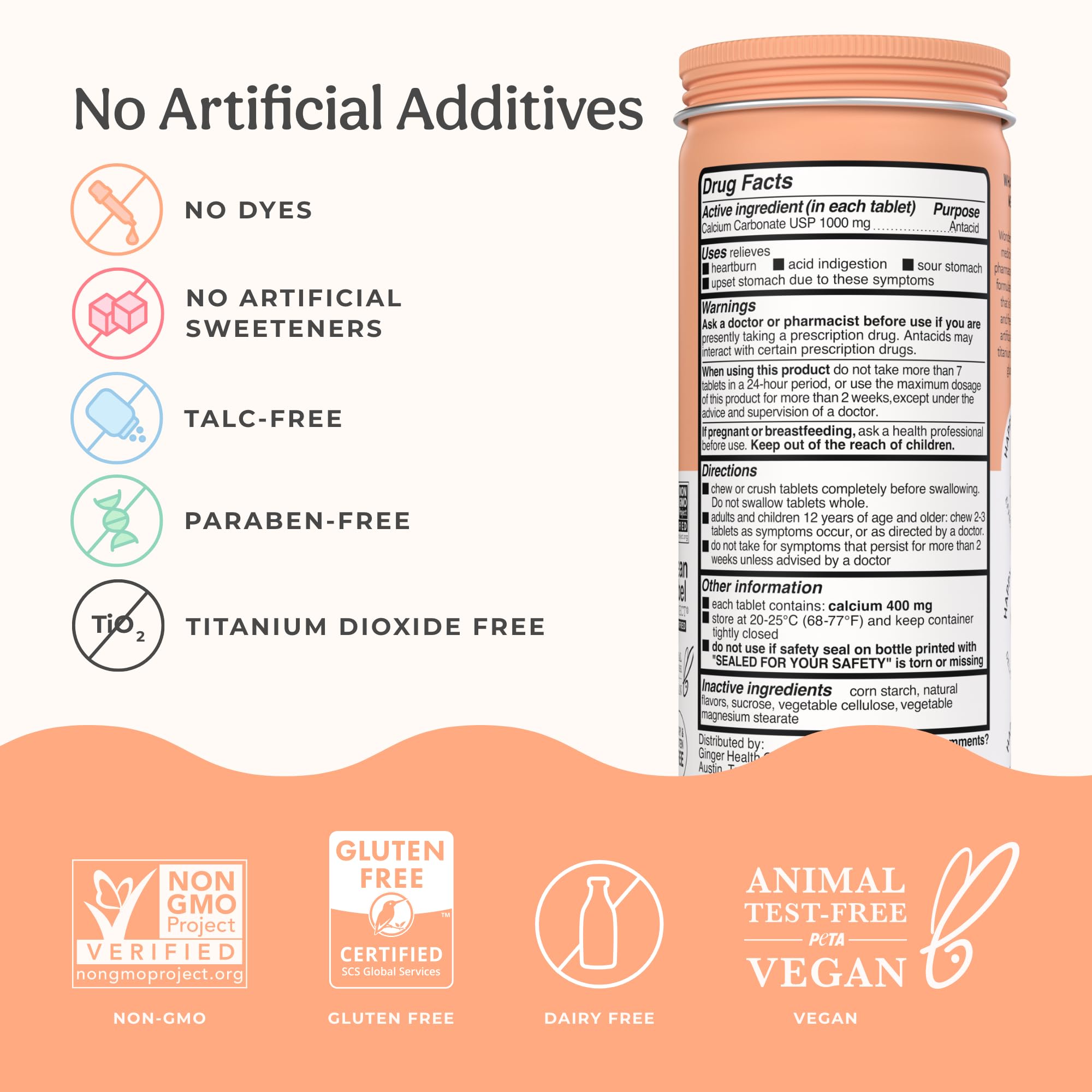 Gros plan sur tablette Wonderbelly Antacid indiquant 1000 mg calcium.