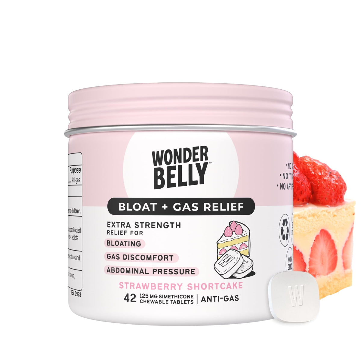 Wonderbelly soulagement ballonnements et gaz, bouteille montrant le format 125 mg.