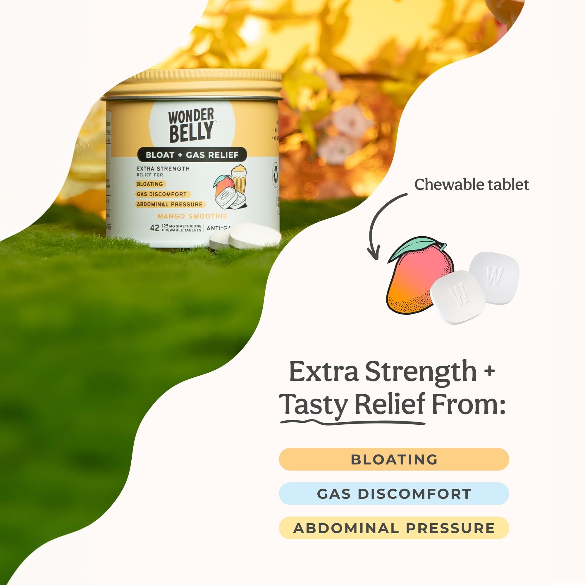 Wonderbelly siméthicone 125 mg pour atténuer les gaz et ballonnements.