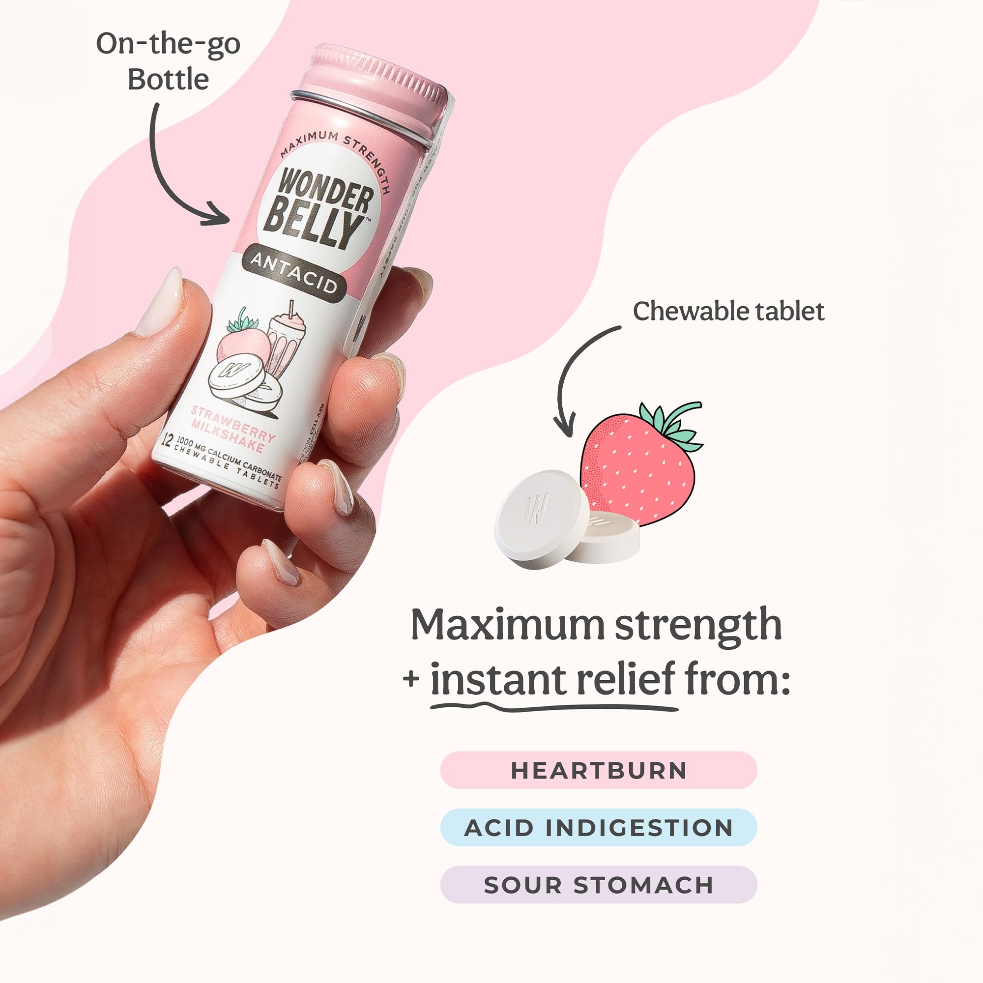 Tablettes masticables Wonderbelly, saveur fraise-crème vanille, pratiques en déplacement.