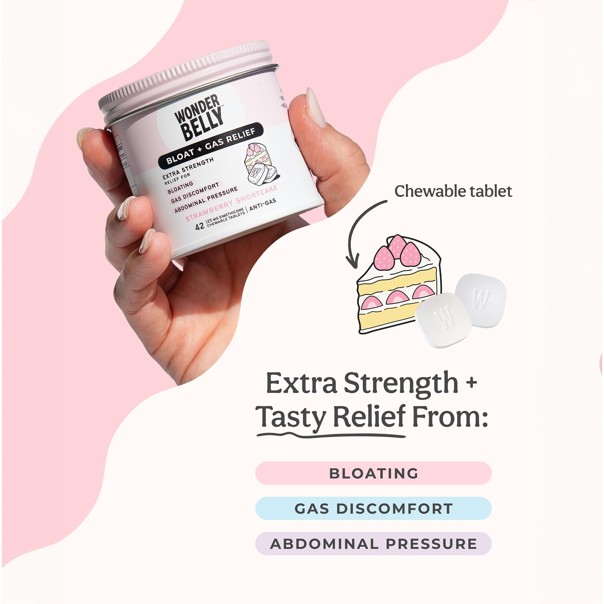 Wonderbelly tablettes saveur fraise, bouchée rapide pour soulager les gaz après les repas.