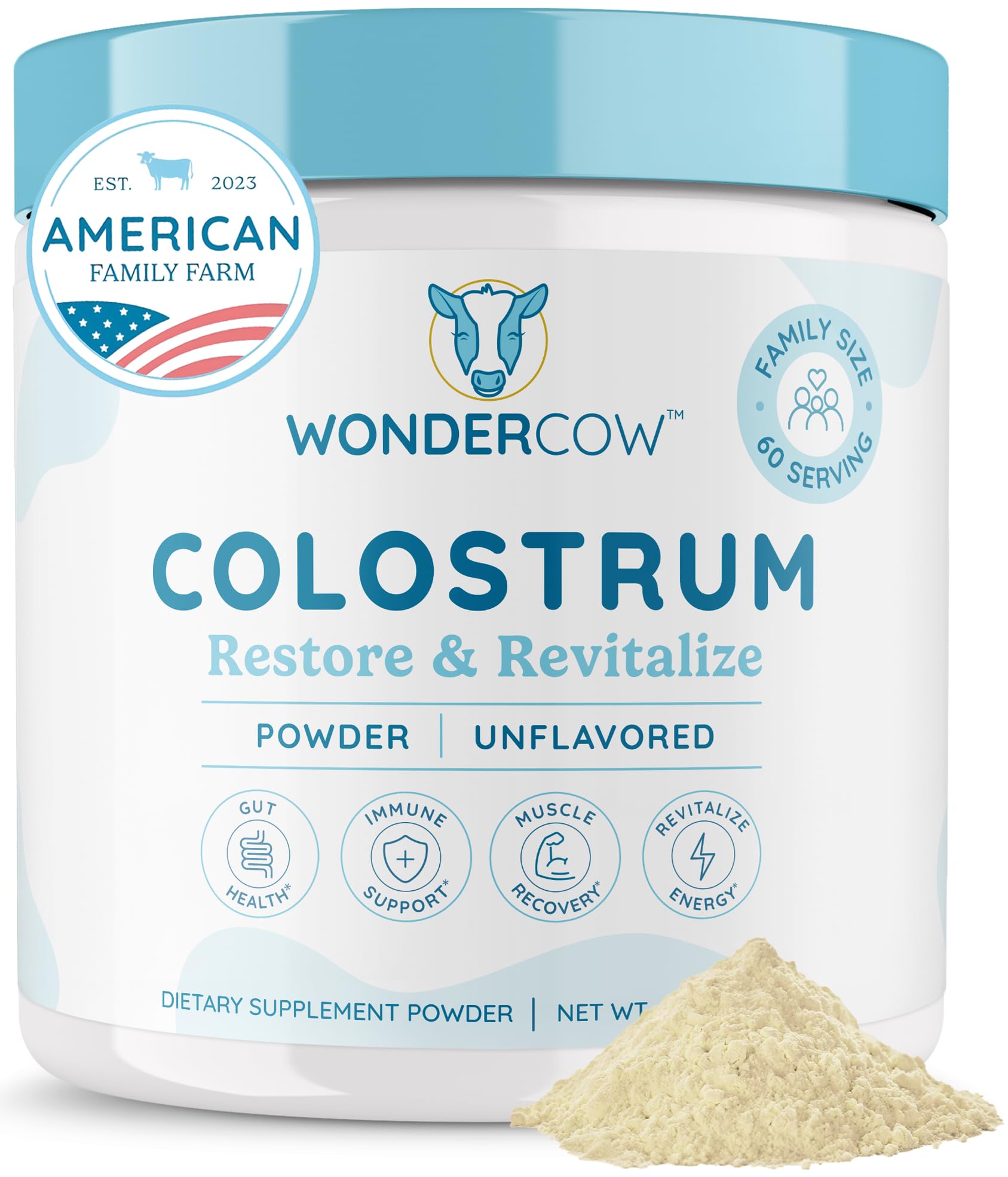 WONDERCOW Colostrum en poudre dans une bouteille, packaging pratique.